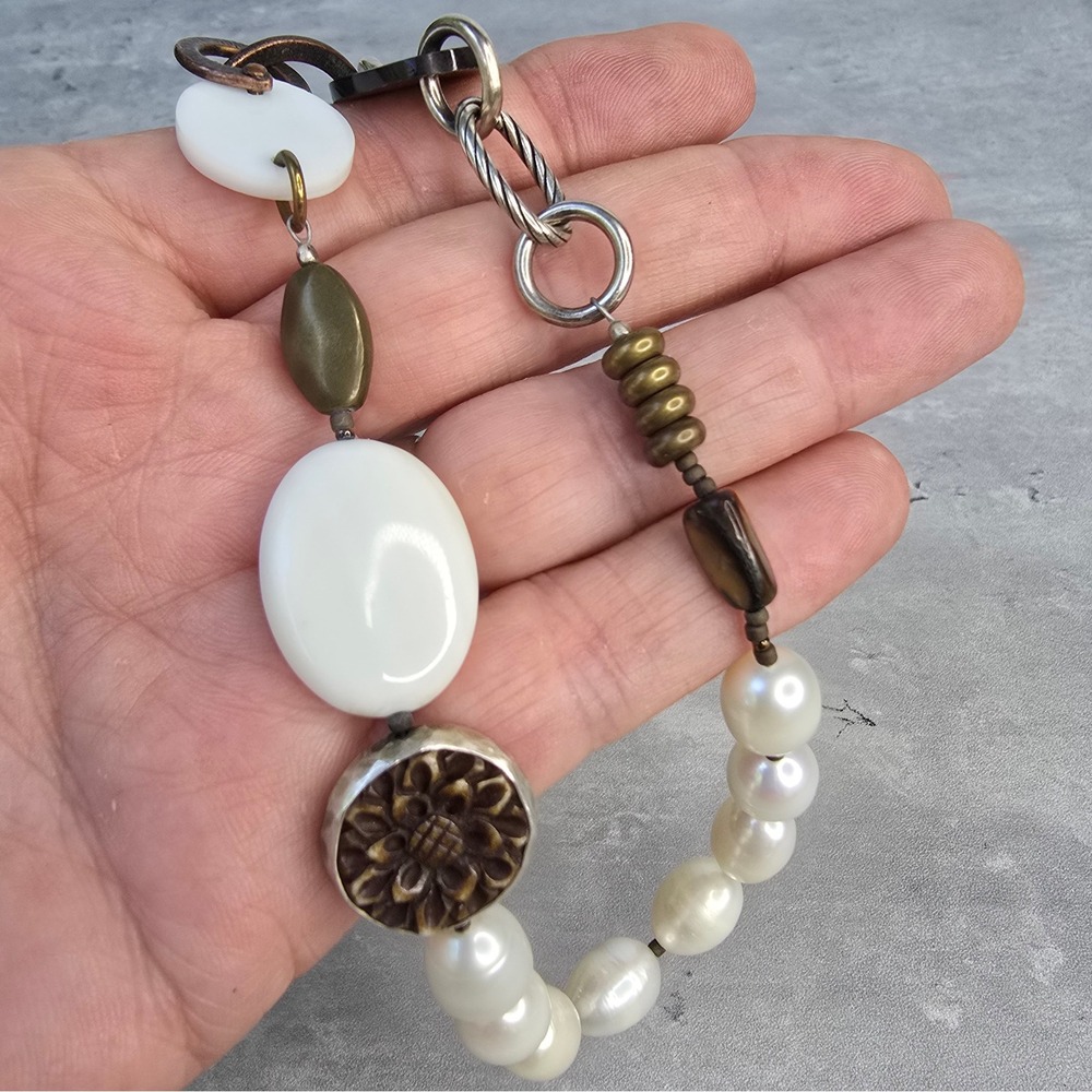 Silpada Retired Mixed Media Necklace Freshwater Pearl Shell Bronze 24 Inch - Picture 6 of 9
